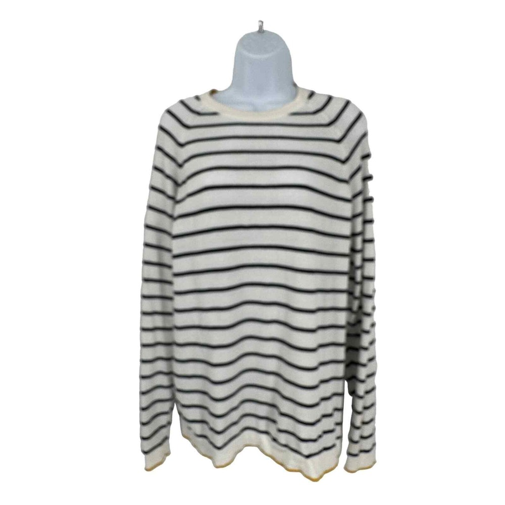 ZARA‎ Sweater White/Black Stripe Fleece Knit Pullover Soft  Large Cotton